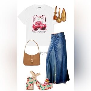 White Cherry Graphic Tee and Blue Denim Skirt
